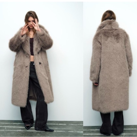 ZARA TAUPE GRAY LONG FAUX FUR COAT - Picture 12 of 16